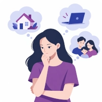 Mujer pensando en la casa, el trabajo y su familia
