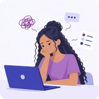 Mujer con demasiados pensamientos compitiendo por su atención